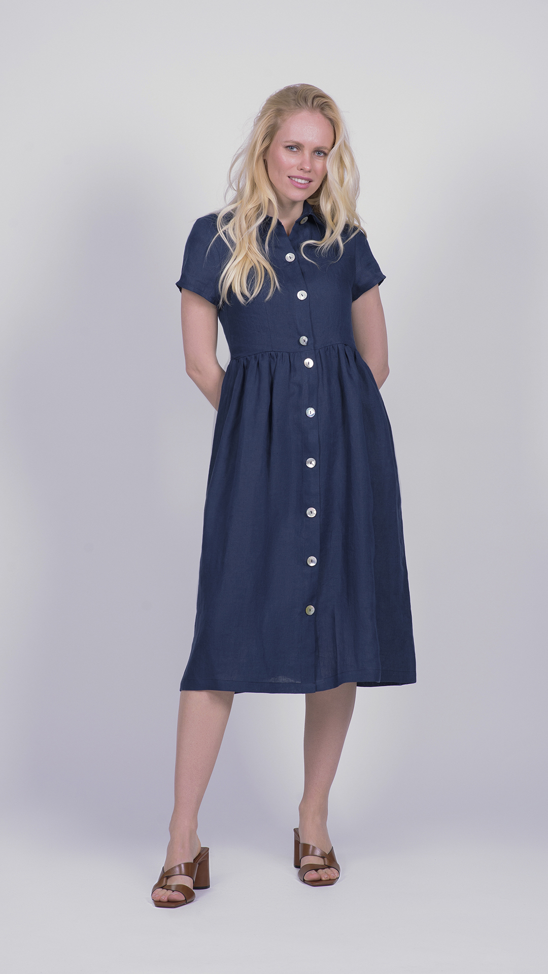 MIC 0176 1stAmerican vestito da donna con bottoni 100% lino Made in Italy - abito manica corta e elastico a vita - puro lino
