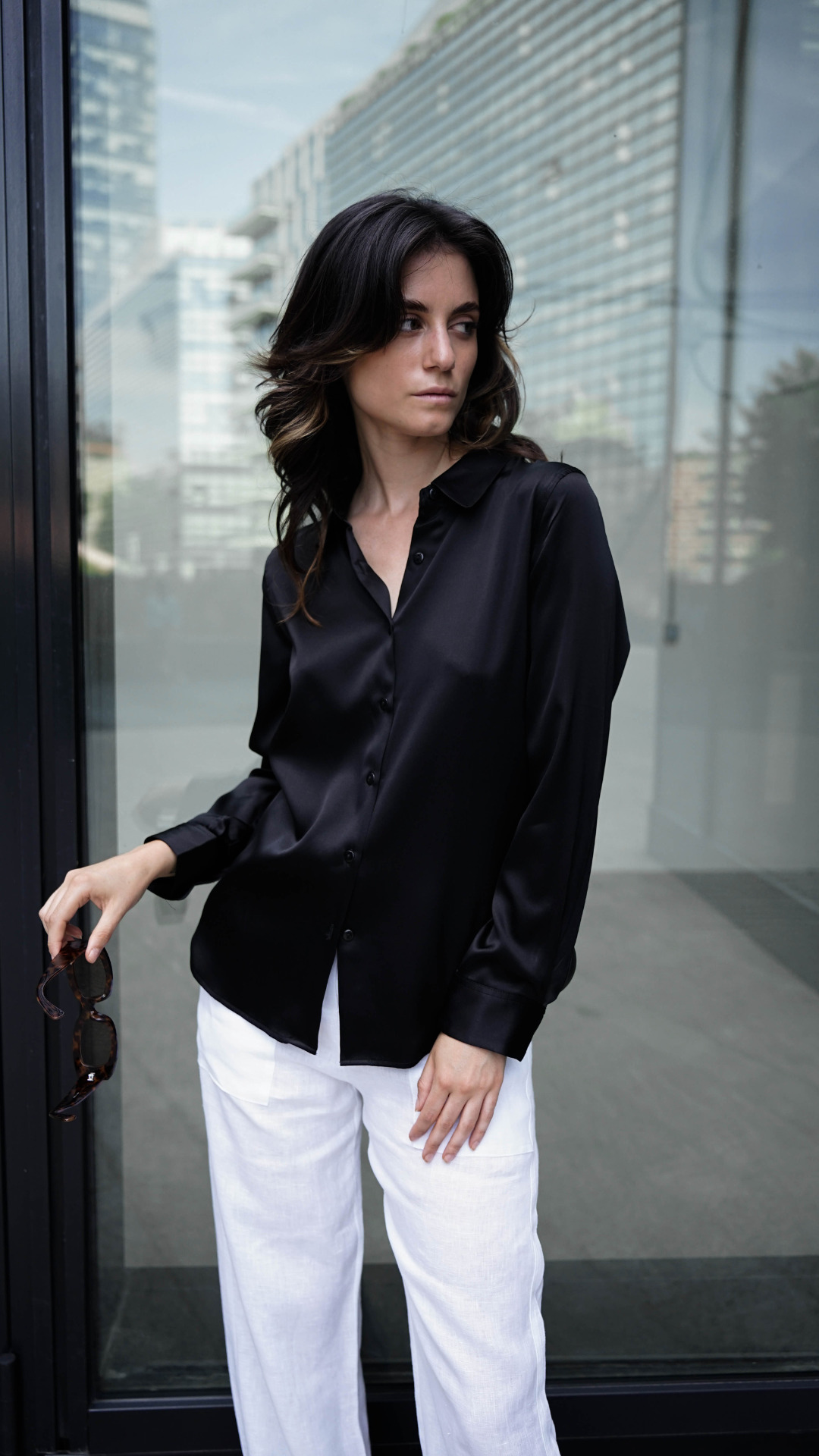 camsilk01 nero 6 1stAmerican camicia da donna 100% pura seta con bottoni manica lunga - camicetta in seta da donna collo classico